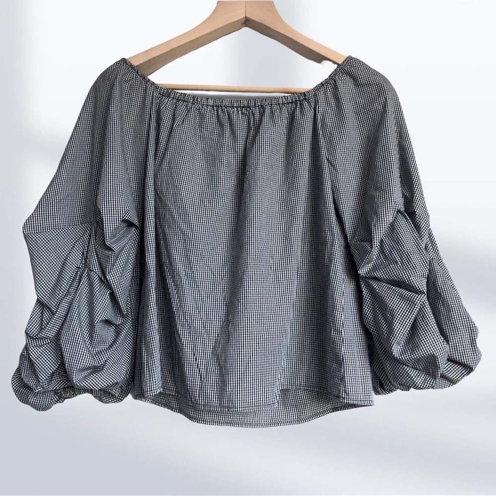 PETERSYN - Neiman Marcus - Gray Check Long Sleeve Off Shoulder Blouse XS